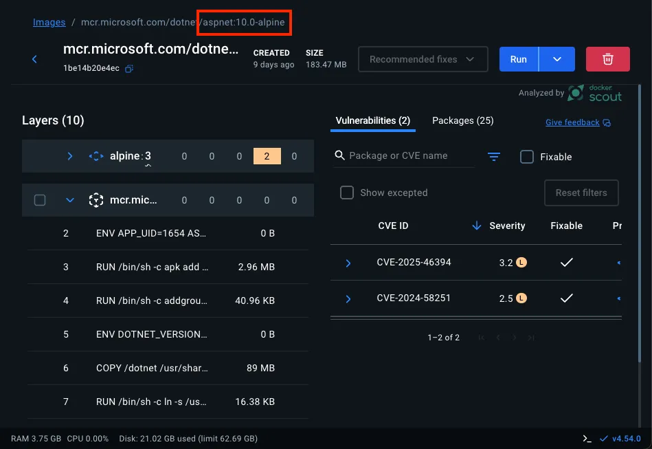 Docker Scout listet für das Image mcr.microsoft.com/dotnet/aspnet.0-alpine (183,47 MB) 2 Schwachstellen mit niedriger Bewertung