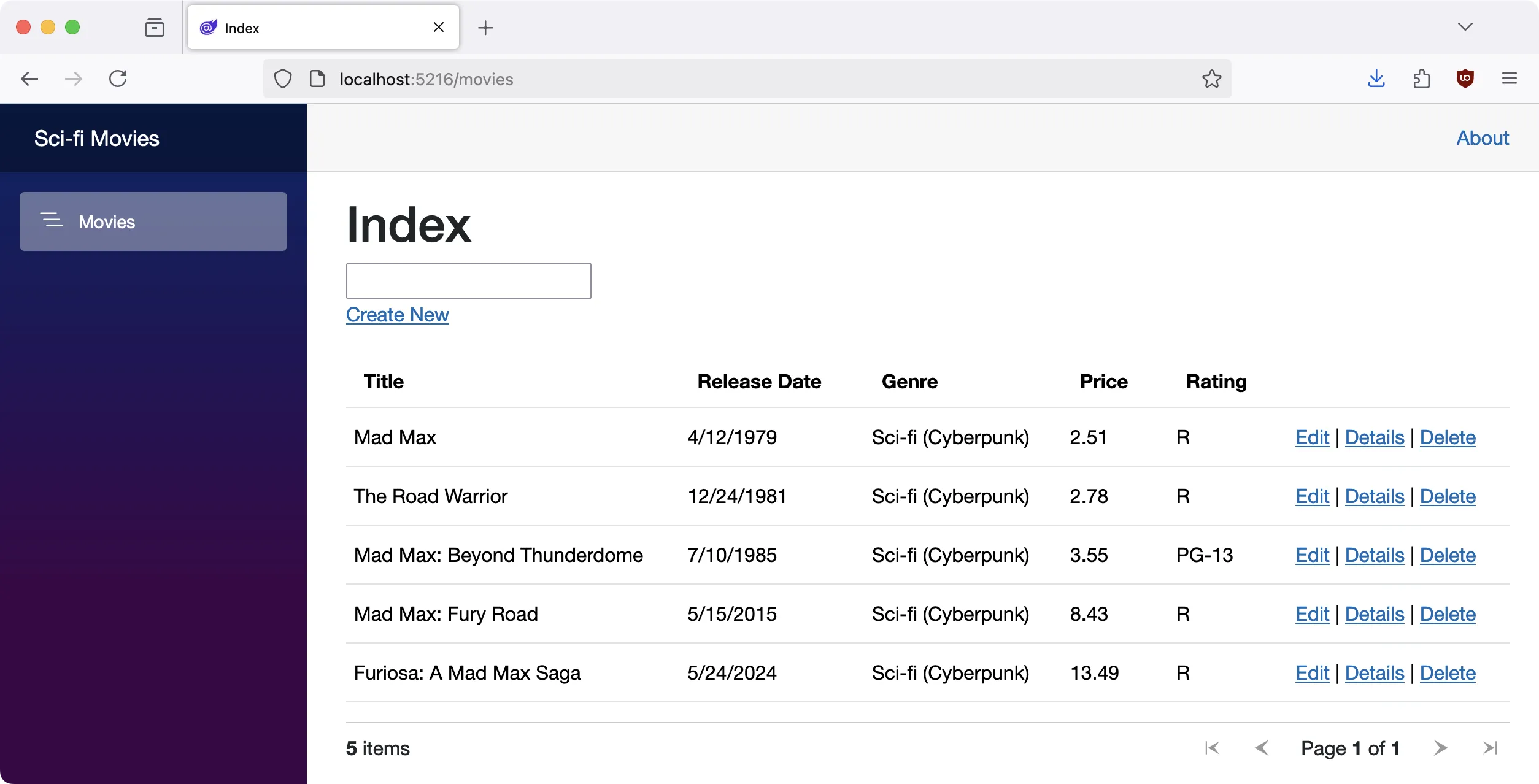 Blazor-App „Sci-fi Movies“ unter localhost/movies mit einer Tabelle von fünf Filmen aus der Datenbank