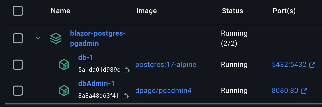 Docker Desktop zeigt das Compose-Projekt blazor-postgres-pgadmin mit zwei laufenden Containern: db-1 (postgres, Port 5432) und dbAdmin-1 (dpage/pgadmin4, Port 8080)