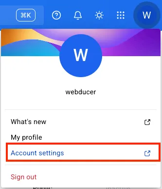 Aufklappmenü am Avatar mit dem Eintrag „Account settings“