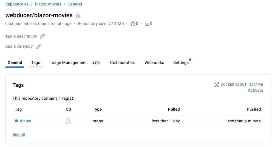 Docker-Hub-Repository webducer/blazor-movies mit einem Tag „alpine“ in der Tag-Liste