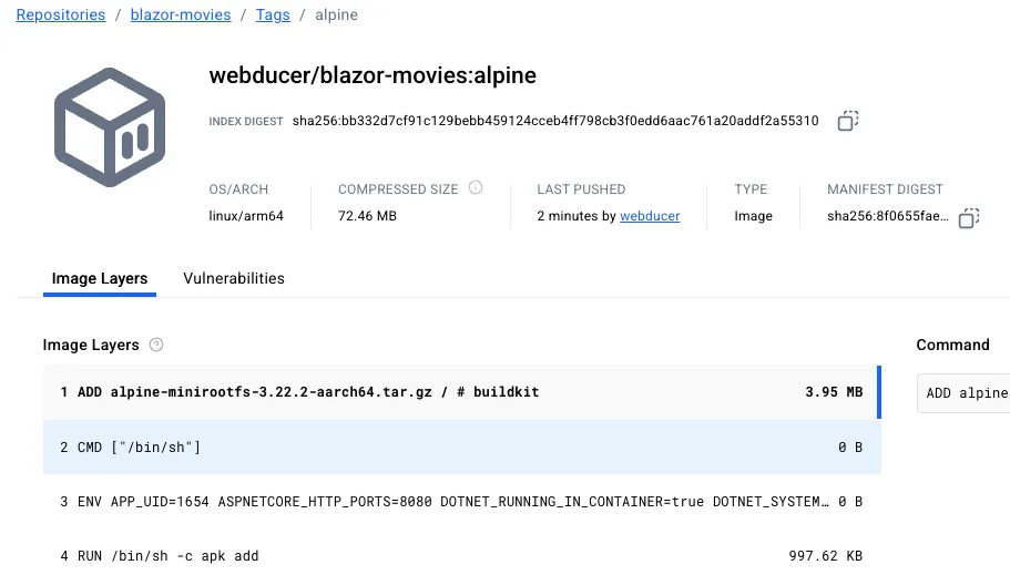 Detailansicht des Images webducer/blazor-movies mit Architektur linux/arm64, 72,46 MB und der Liste der Image-Schichten