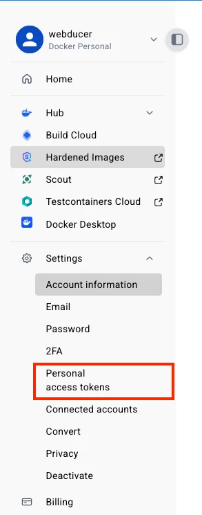 Eintrag „Personal access tokens“ im Bereich Settings