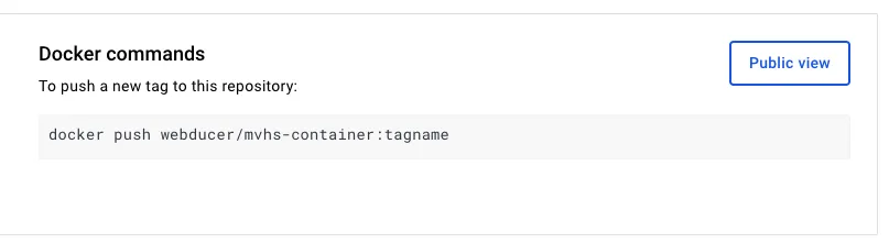 Docker-Hub-Hinweis „Docker commands“ mit dem Befehl docker push webducer/mvhs-container