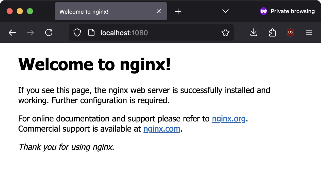 Browser mit der Adresse localhost zeigt die Standardseite „Welcome to nginx!“