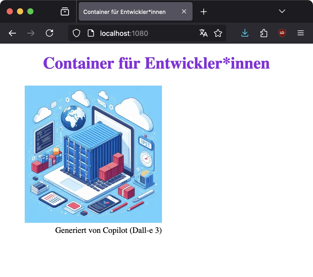 Browser mit der Adresse localhost zeigt die eigene Seite „Container für Entwickler*innen“ mit einer Illustration