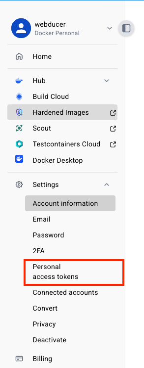 Personal access tokens menu under security settings
